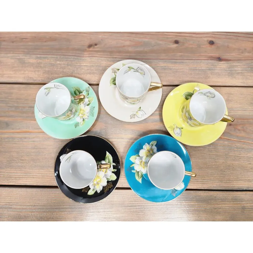Victorian Porcelain Tea Espresso Cups Saucers Floral Gold Accent Arnalt Creation